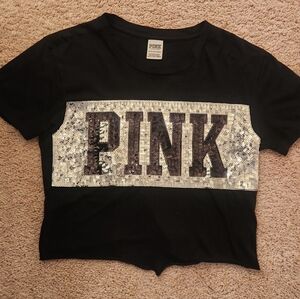 PINK Victoria's Secret Black and Silver Sequin Tee Crop Top Size XSmall